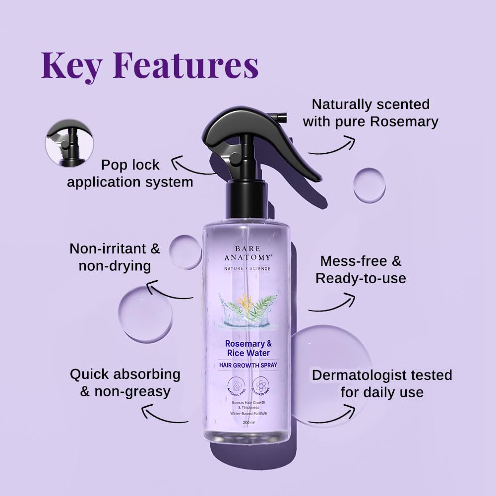 Bare Anatomy Nature x Science Rosemary Water Spray for Hair Growth & Hair Thickness with Rice Water |100% Natural Extract | Soft & Smooth Hair| Controls Hairfall| Non-Greasy & Fast Absorbing | 200 ml